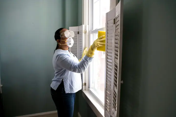 Cleaner wiping interior glass in a commercial building