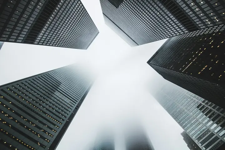 Commercial towers seen from street level
