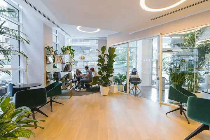 Office atrium with plants and a reception area